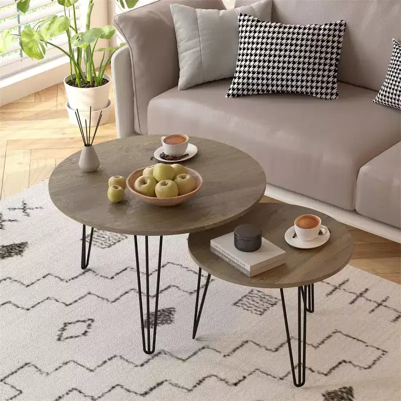 Round Nesting Coffee Table Set of 2, 27.56 Inch Imitation Marble Top with Metal Frame, Wooden End Tables for Living Room
