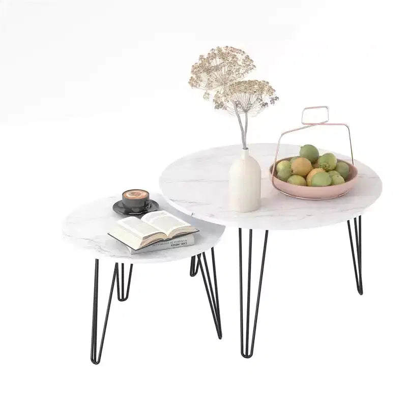 Tavolino da caffè rotondo impilabile, piano in finto marmo da 70 cm con struttura in metallo, tavolini laterali in legno per soggiorno