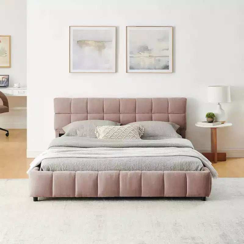 MAYEERTY Queen Size Upholsterted Bed Uphlostered Bed Frame Heaboard Solid Bed Frame Drawer for Storage Pink