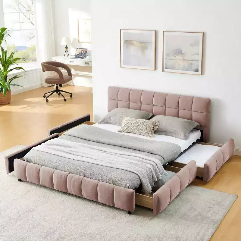 Letto imbottito Queen Size Struttura letto imbottita Testiera Struttura letto solida Cassetto portaoggetti Rosa