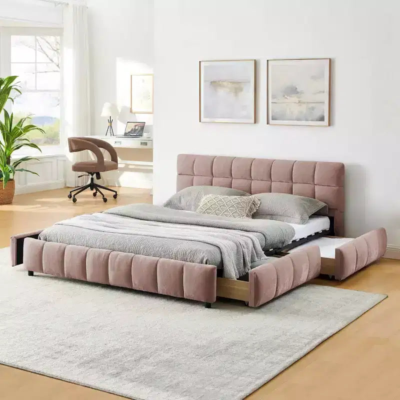 Letto imbottito Queen Size Struttura letto imbottita Testiera Struttura letto solida Cassetto portaoggetti Rosa