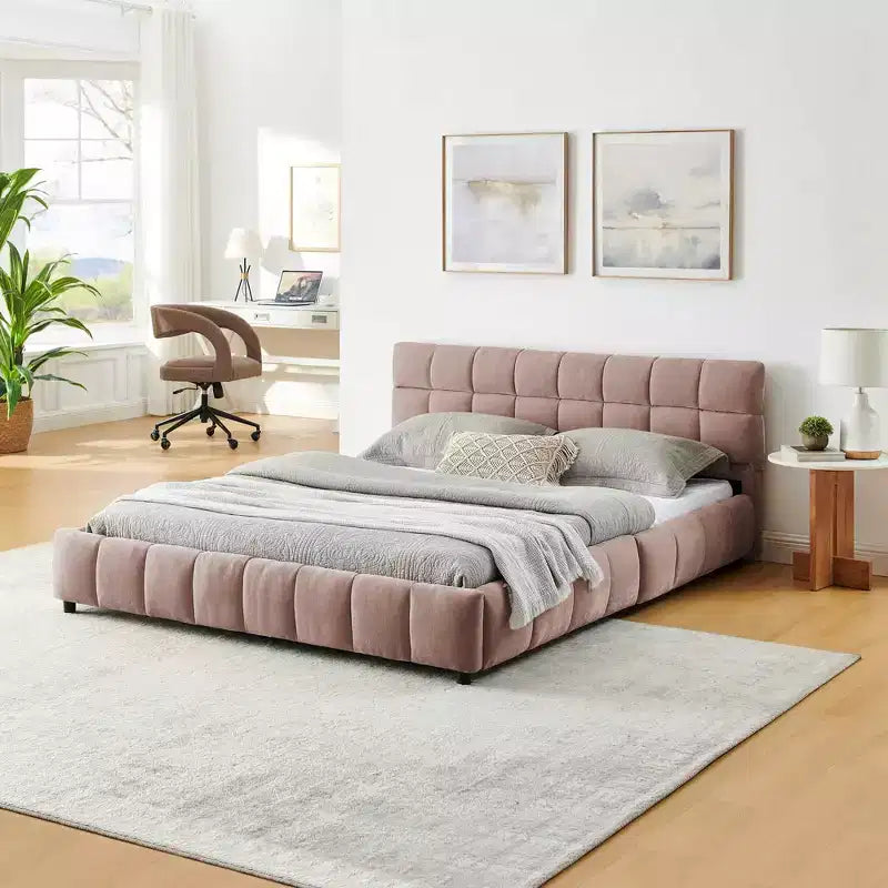 Letto imbottito Queen Size Struttura letto imbottita Testiera Struttura letto solida Cassetto portaoggetti Rosa