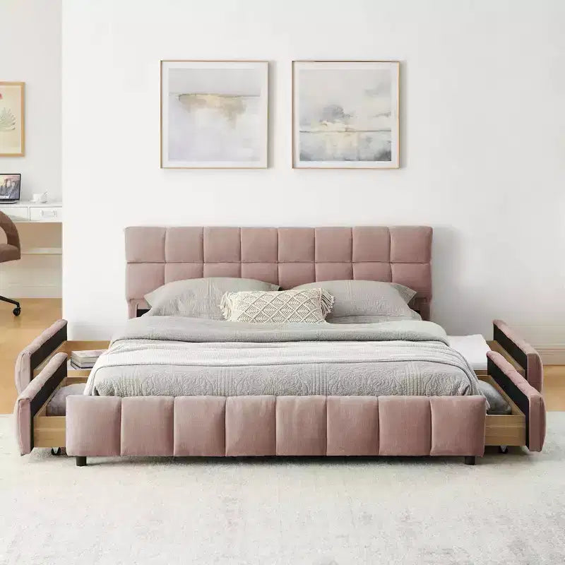 Letto imbottito Queen Size Struttura letto imbottita Testiera Struttura letto solida Cassetto portaoggetti Rosa
