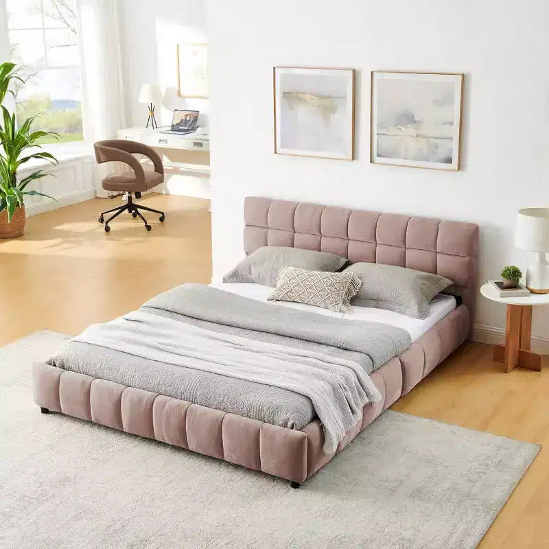 Letto imbottito Queen Size Struttura letto imbottita Testiera Struttura letto solida Cassetto portaoggetti Rosa