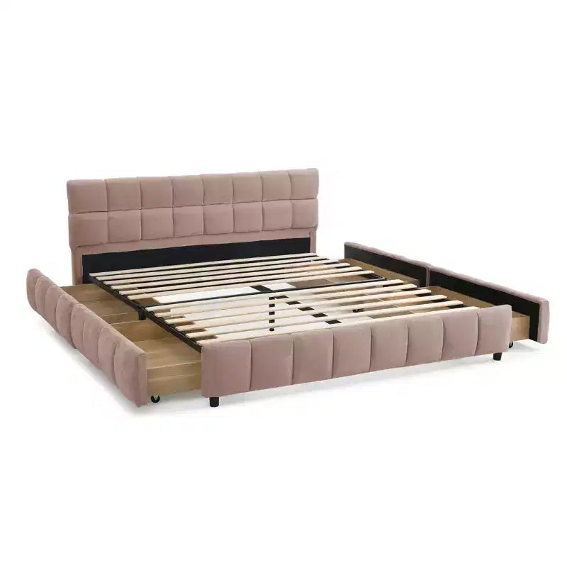 Letto imbottito Queen Size Struttura letto imbottita Testiera Struttura letto solida Cassetto portaoggetti Rosa