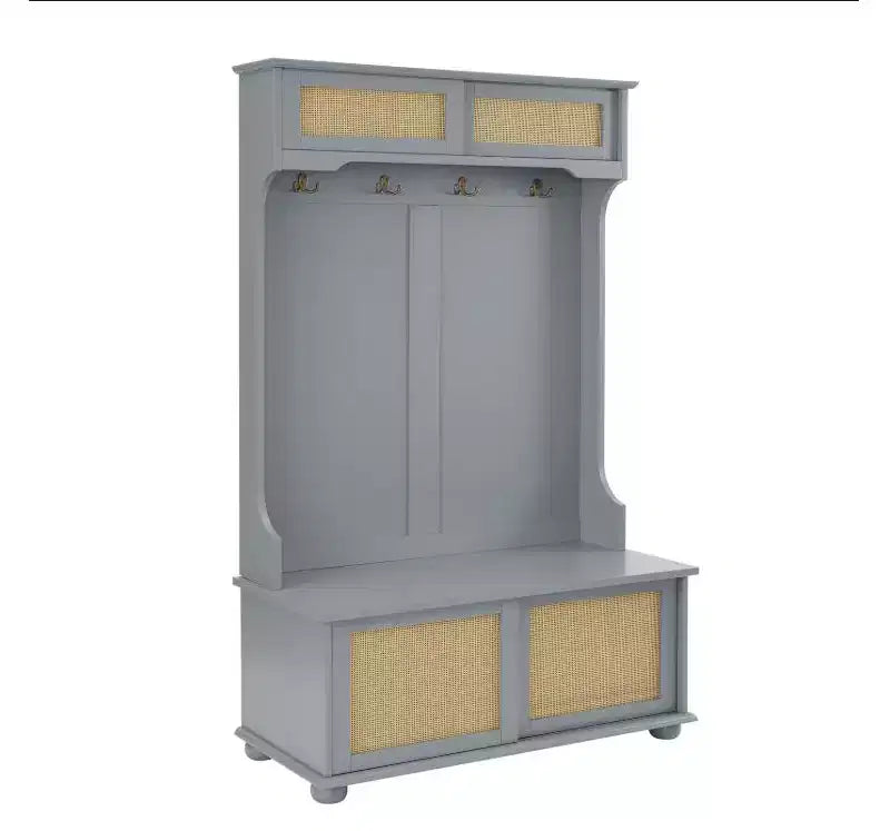 MDF Casual Style Hall Tree Entryway Bench with Rattan Door Rack & Shoe Cabinet,