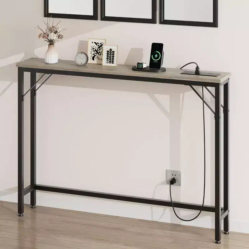 Tavolo Consolle con Stazione di Ricarica, Scrivania Lunga e Sottile Dietro il Divano con Prese di Corrente e Porte USB, Tavolo d'Ingresso Sottile per Ingresso, Soggiorno, Corridoio
