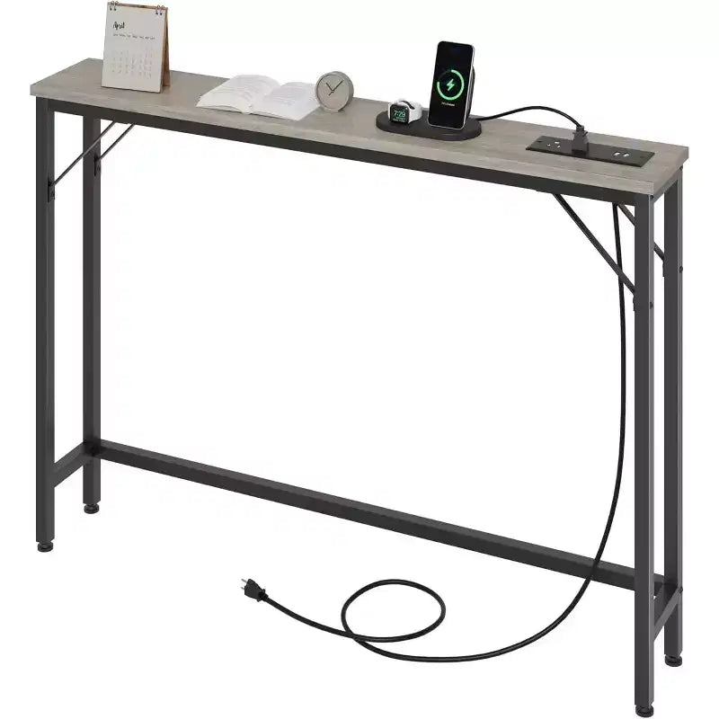 Tavolo Consolle con Stazione di Ricarica, Scrivania Lunga e Sottile Dietro il Divano con Prese di Corrente e Porte USB, Tavolo d'Ingresso Sottile per Ingresso, Soggiorno, Corridoio