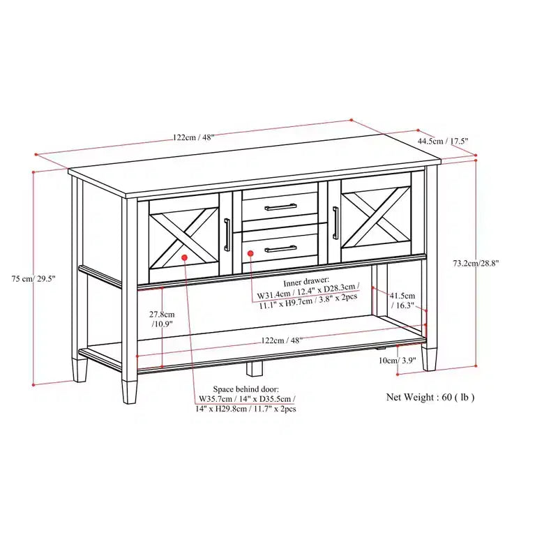Tavolo consolle di transizione Cantina in LEGNO MASSELLO, larghezza 48 pollici