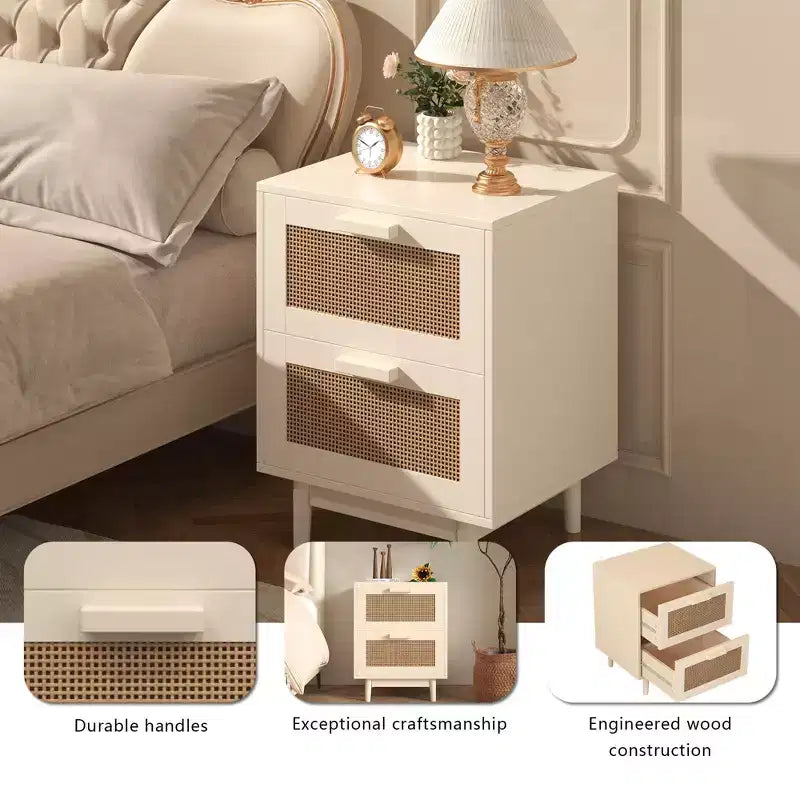 Comodino in Rattan, Tavolino in Legno, Tavolino con 2 Cassetti Decorati in Finto Rattan, Comodino, Tavolino in Legno con Contenitore per Soggiorno