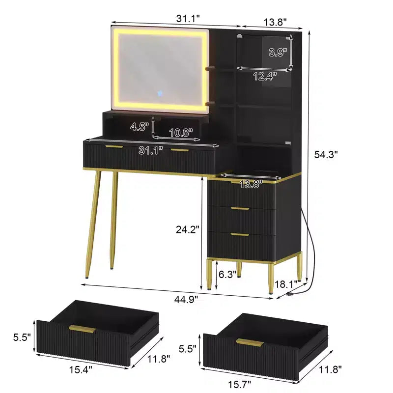 Scrivania da toeletta scanalata, scrivania da trucco con 5 cassetti, ripiano portaoggetti, illuminazione a 3 colori con luminosità regolabile per camera da letto