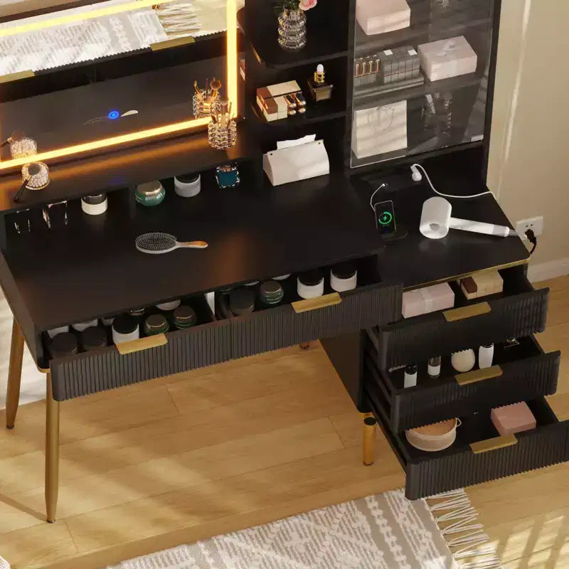 Scrivania da toeletta scanalata, scrivania da trucco con 5 cassetti, ripiano portaoggetti, illuminazione a 3 colori con luminosità regolabile per camera da letto