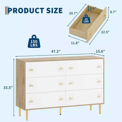 Cassettiera a 6 cassetti, Cassettiera larga 120 cm, Cassettiera rustica in legno con cassetti grandi e maniglie a barra, Organizzatore di cassetti per il soggiorno
