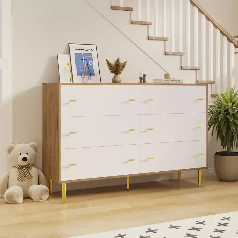 Cassettiera a 6 cassetti, Cassettiera larga 120 cm, Cassettiera rustica in legno con cassetti grandi e maniglie a barra, Organizzatore di cassetti per il soggiorno