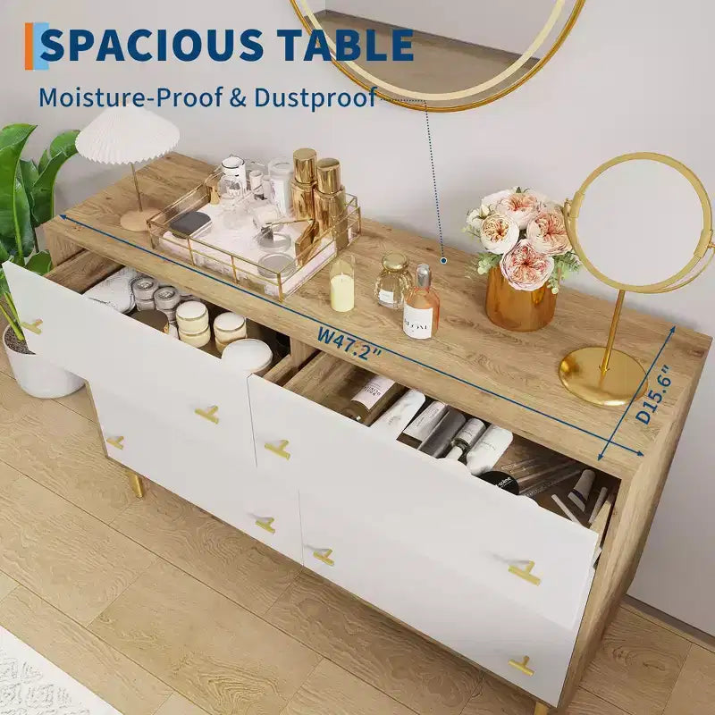 Cassettiera a 6 cassetti, Cassettiera larga 120 cm, Cassettiera rustica in legno con cassetti grandi e maniglie a barra, Organizzatore di cassetti per il soggiorno